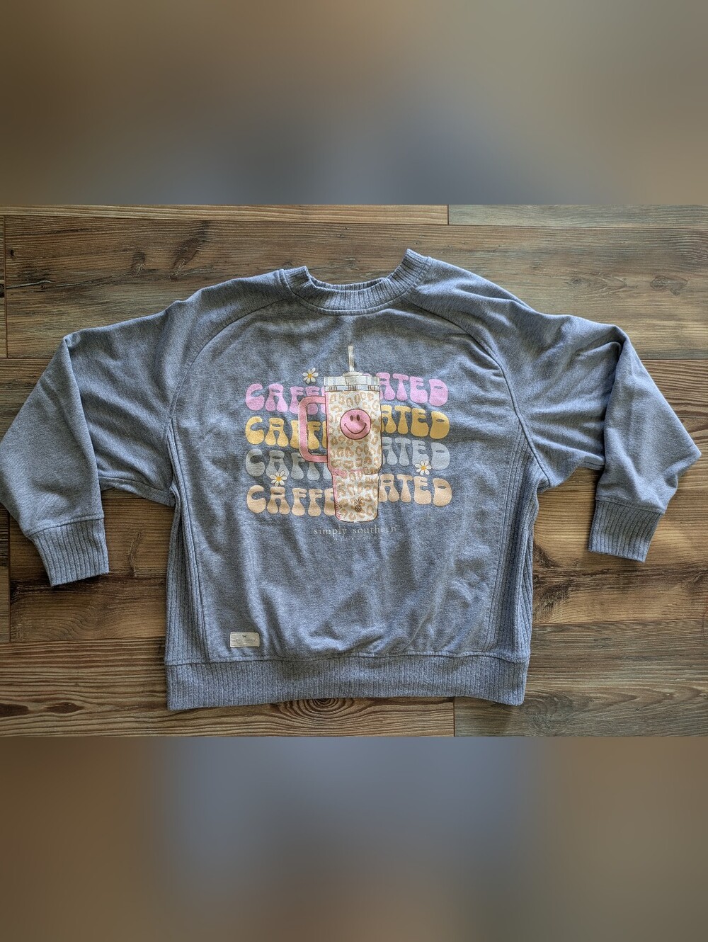Simply Southern Caffeinated‎ Smile Tumbler Heather Gray Crew Neck Sweatshirt